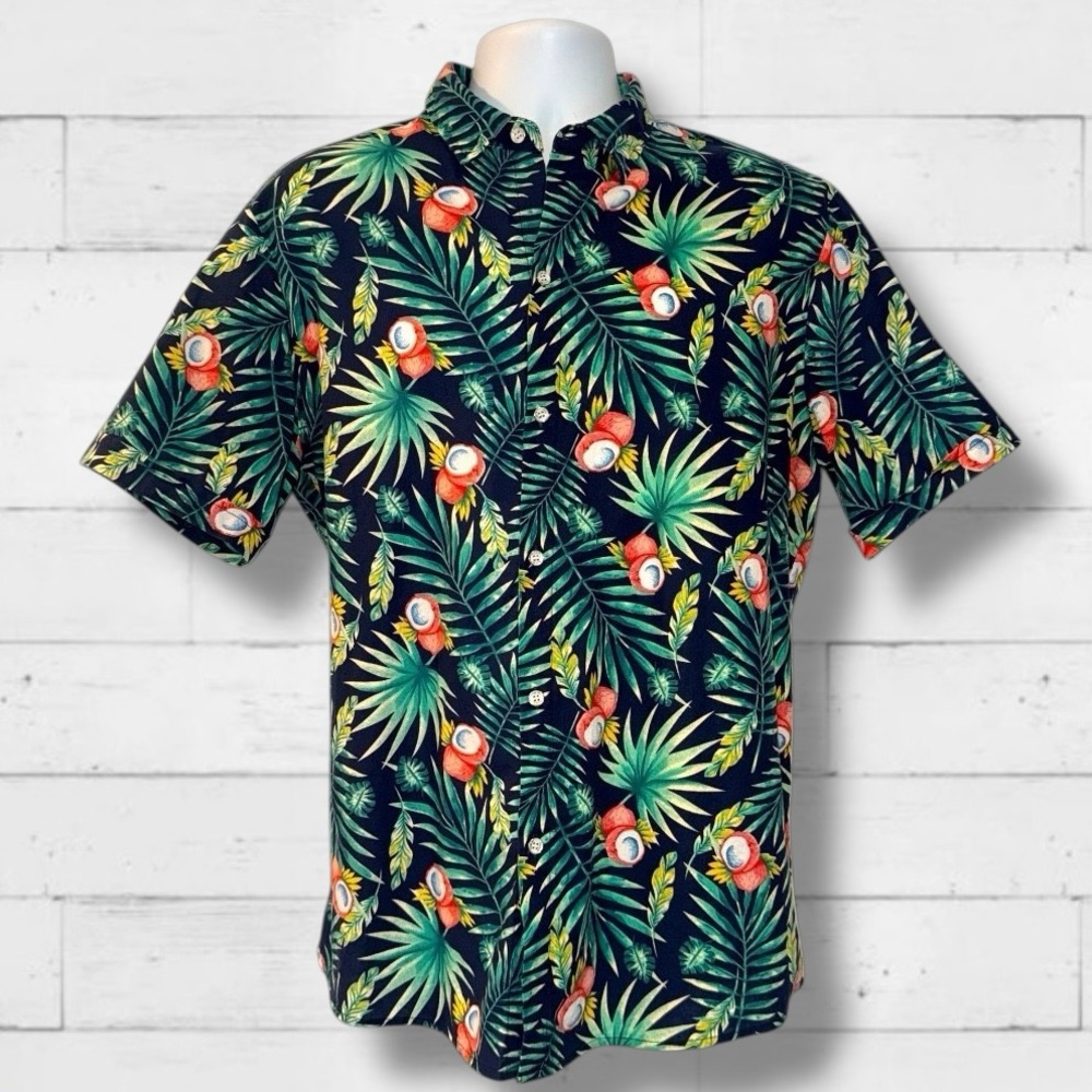 SSLR Men’s Hawaiian Button-Up Shirt Tropical Palm Leaf & Coconut Print Shirt